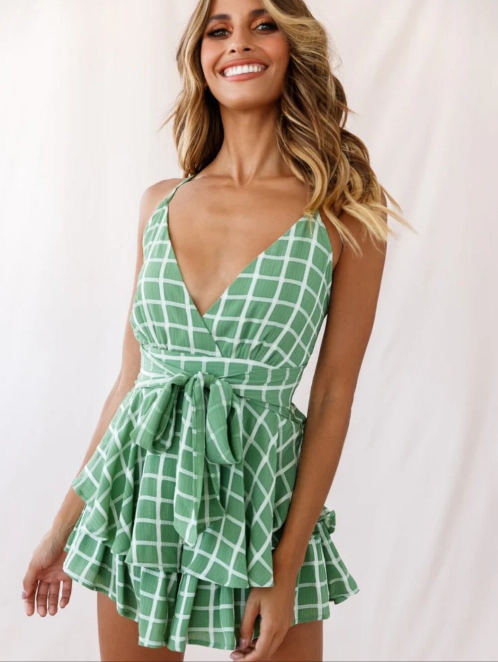 Selfie Leslie Green Plaid Tie-Waist Romper